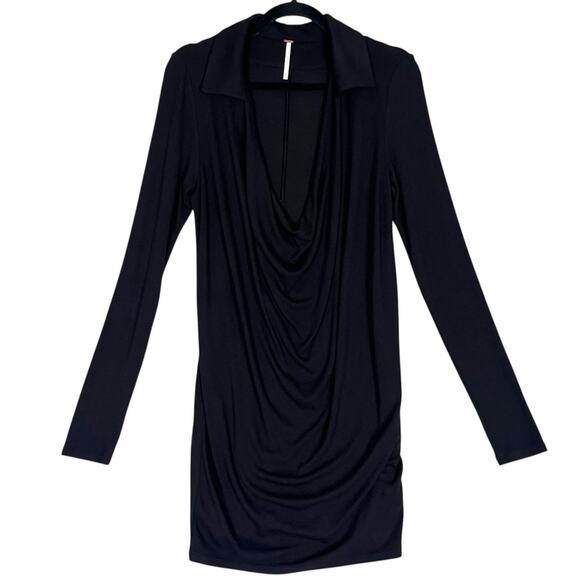 Free People Tessa Drape Neck Collared Dress Womens Small Black Mini Long Sleeve - Picture 6 of 11